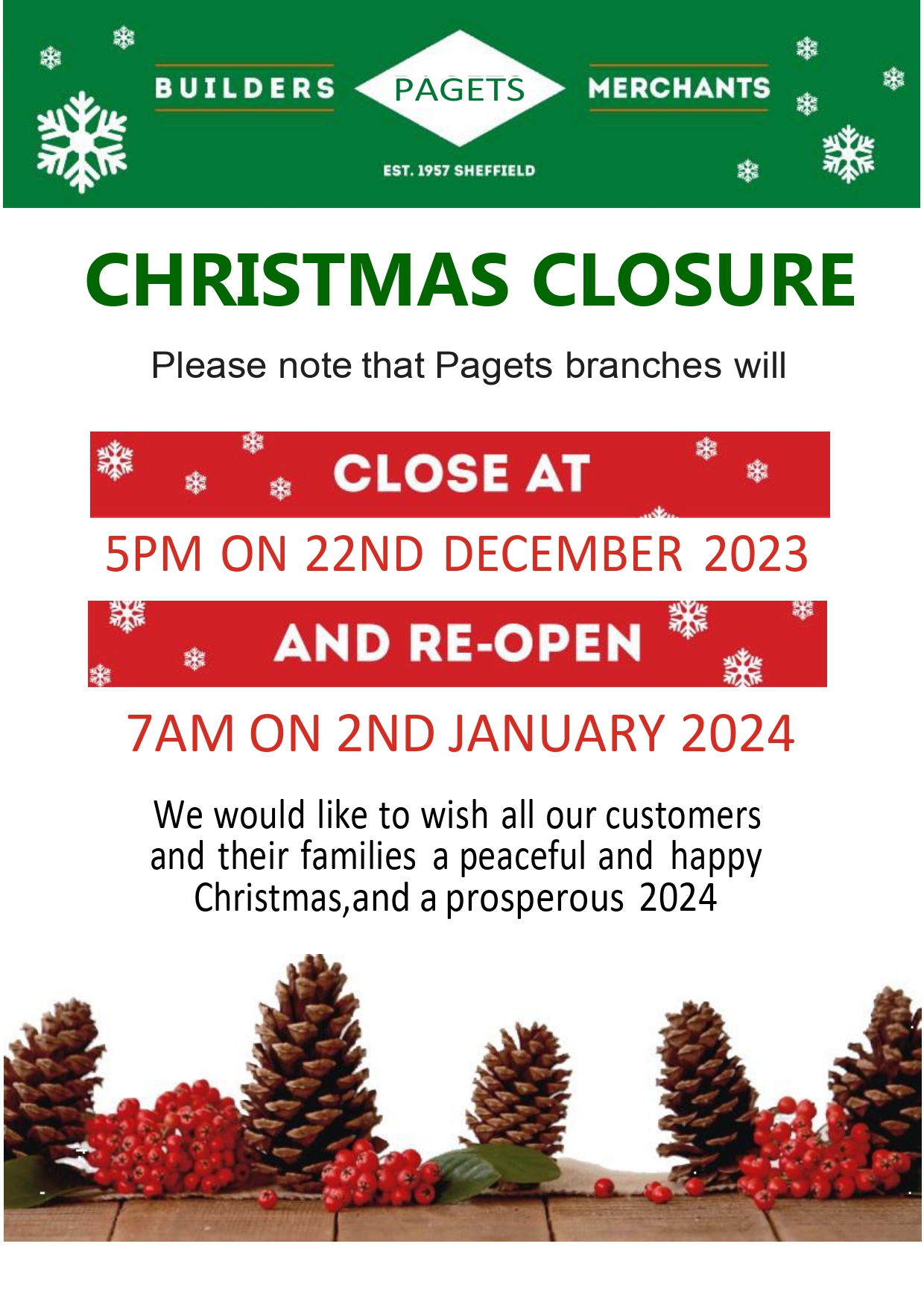 CHRISTMAS 2023 CLOSURE TIMES - Pagets Builders Merchants